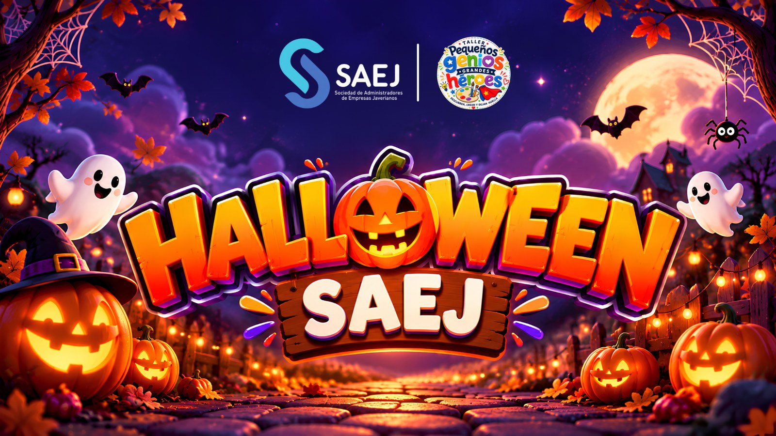 Afiche del evento Halloween SAEJ: Pequeños Genios, Grandes Héroes
