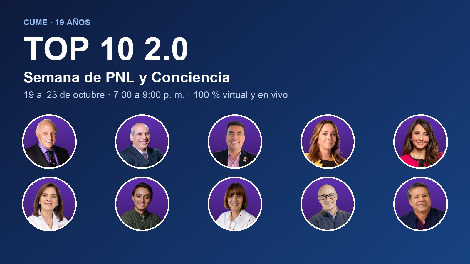 TOP 10 2.0 · Semana de PNL y Conciencia · Del 19 al 23 de octubre de 2026, virtual y en vivo